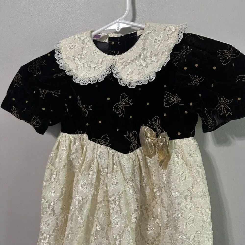 Vintage Girls Black Cream Lace Short Sleeve Gold Bow 4T Made In USA Dress